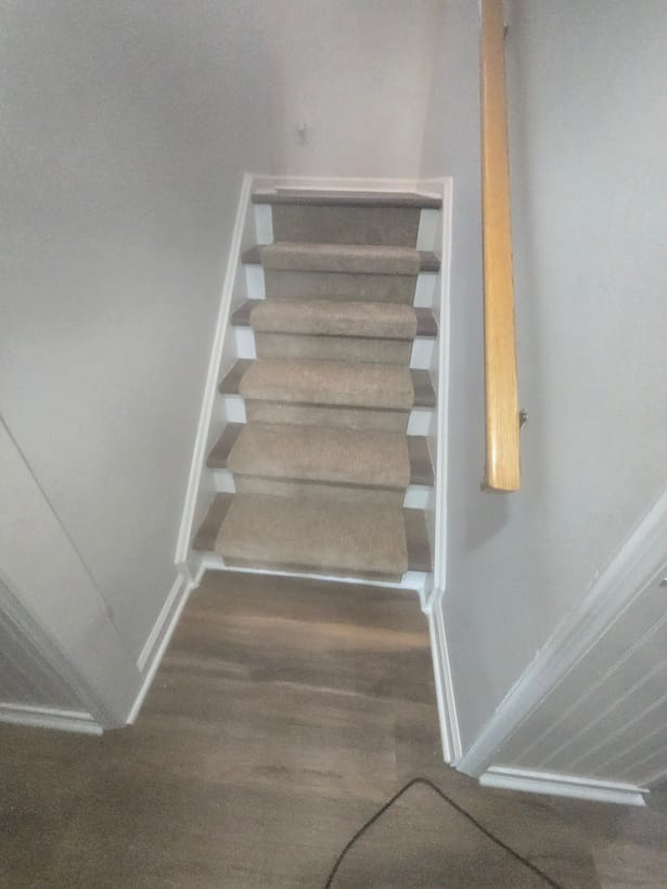 Carpet stair runner down to a hardwood landing by Frankie D’s Flooring
