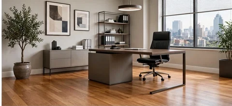 Warm oak hardwood planks in a bright room with floor-to-ceiling windows